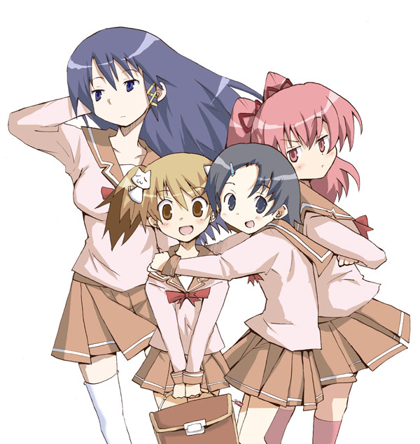 4girls, :d, aki_masanari, arm_up, bag, black_eyes, black_hair, blue_eyes