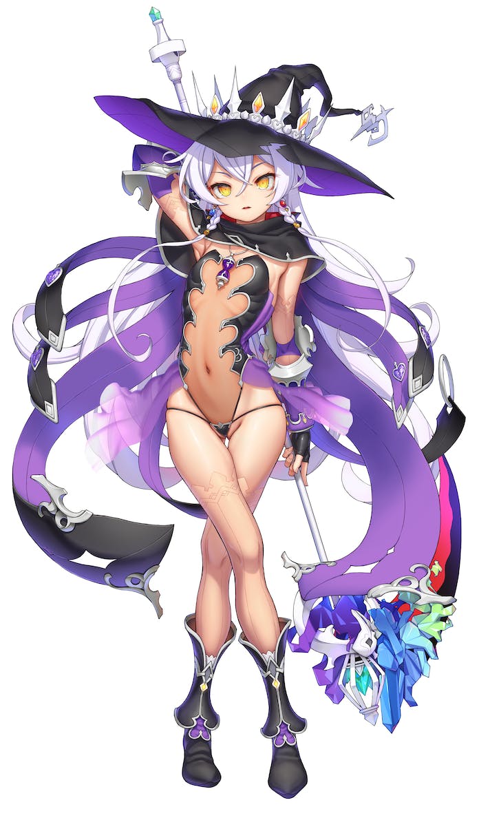 1girl, aya_shachou, black_gloves, braid, capelet, commission, crossed_bangs, crossed_legs, fingerless_gloves, full_body, gloves, hat, highleg, highleg_leotard, hilda_(stella_glow), keyaki_chimaki, leotard, long_hair, navel, open_mouth, sample_watermark, scythe, see-through_clothes, see-through_legwear, showgirl_skirt, side_braid, simple_background, skeb_commission, solo, standing, stella_glow, watermark, white_background, witch_hat, yellow_eyes