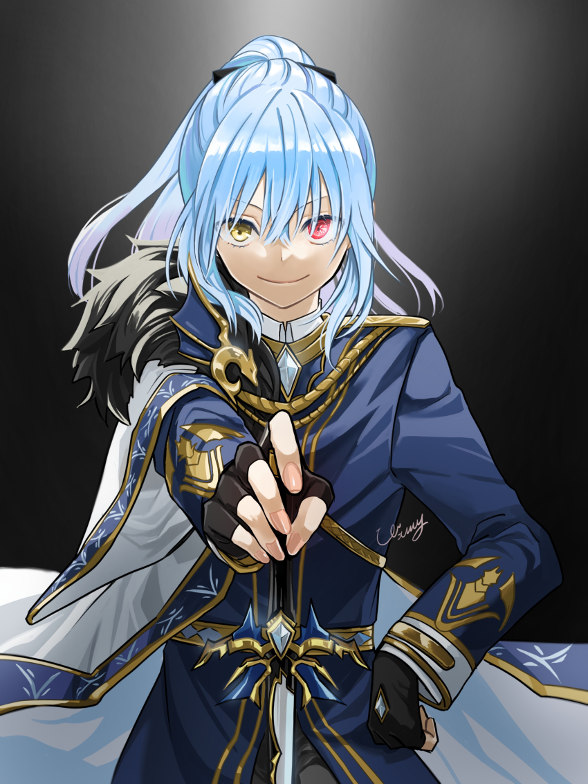 1other, absurdres, black_bow, black_gloves, blue_coat, blue_hair, bow, closed_mouth
