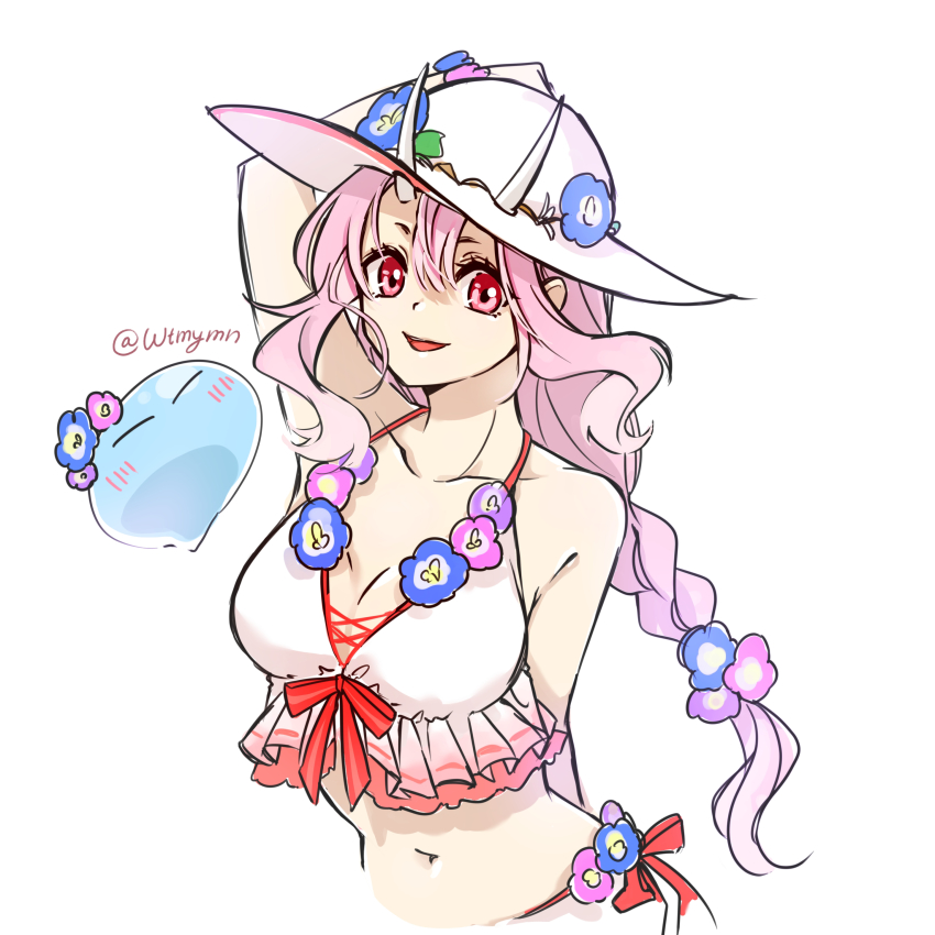 1girl, :d, absurdres, arm_behind_back, arm_up, bare_arms, bikini, blue_flower