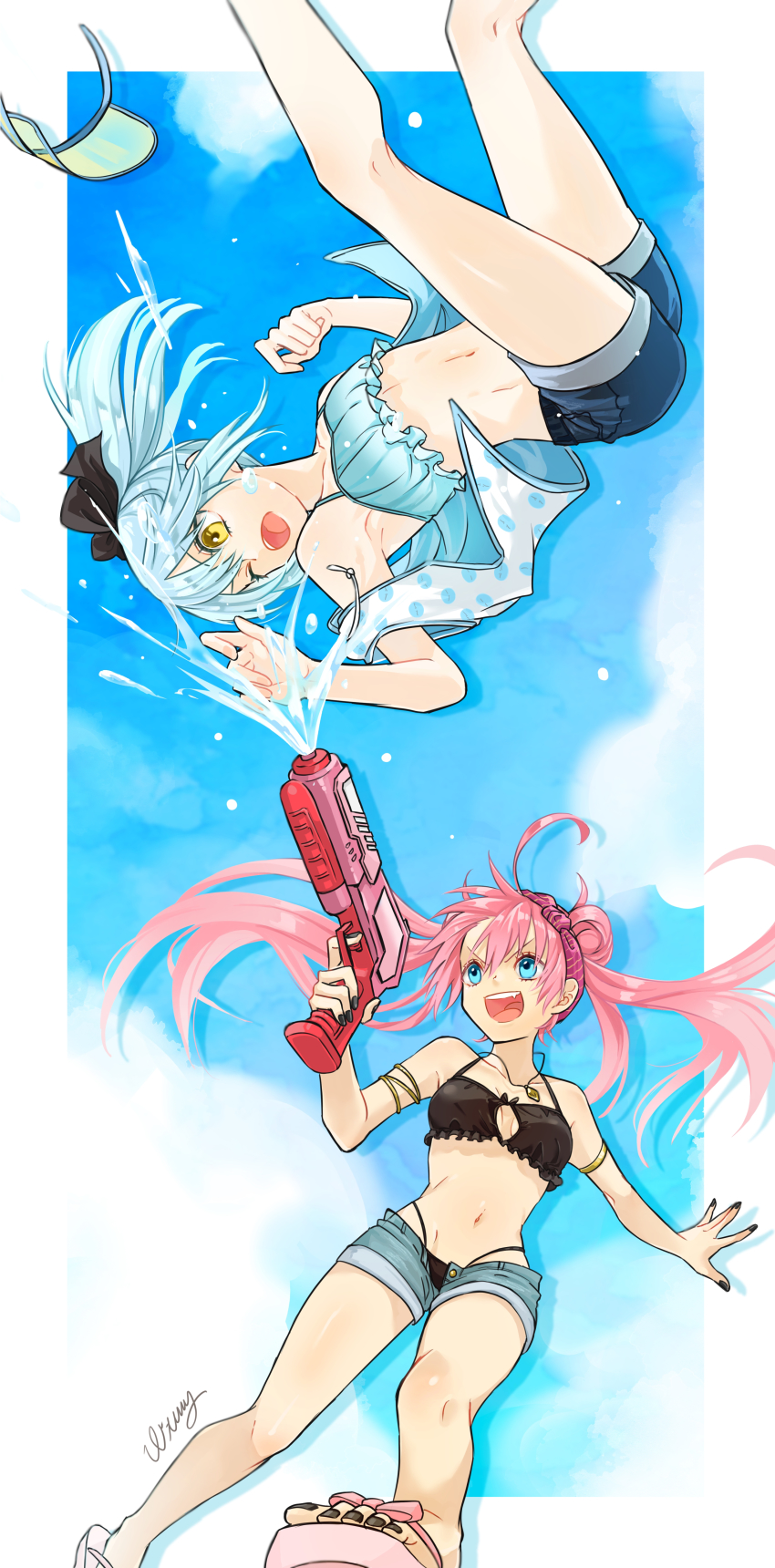 2girls, :d, absurdres, armlet, armpits, bare_legs, bikini, bikini_top_only, bikini_under_clothes, black_bikini, black_bow, black_nails, blue_bikini, blue_eyes, blue_hair, blue_shorts, bow, breasts, cleavage, cleavage_cutout, clothing_cutout, collarbone, d;, denim, denim_shorts, floating_hair, gun, hair_bow, handgun, highres, holding, holding_gun, holding_weapon, jacket, jewelry, long_hair, midriff, milim_nava, multiple_girls, nail_polish, navel, one_eye_closed, open_clothes, open_jacket, open_mouth, pendant, pink_hair, polka_dot, polka_dot_jacket, ponytail, rimuru_tempest, short_shorts, shorts, sleeveless, sleeveless_jacket, small_breasts, smile, spaghetti_strap, splashing, stomach, swimsuit, tensei_shitara_slime_datta_ken, toenail_polish, toenails, twintails, v-shaped_eyebrows, very_long_hair, wata_miya_(shiro_momen), weapon, white_jacket