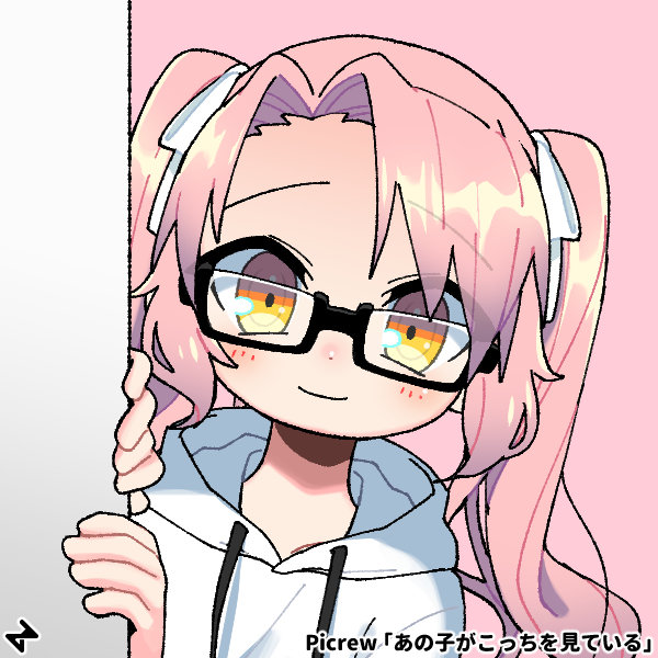 1girl, blush, glasses, highschool_of_the_dead, hood, hoodie, long_hair, picrew, pink_background, pink_hair, ribbon, simple_background, smile, solo, takagi_saya, twintails