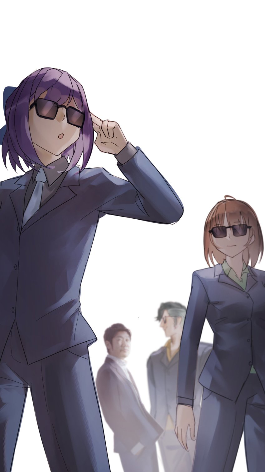 2boys, 2girls, a-chan_(hololive), absurdres, ahoge, aragiken, blue_hair, bodyguard