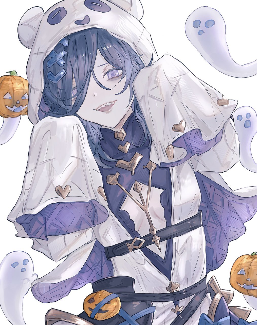 1girl, bags_under_eyes, black_hair, blonde_hair, breasts, breasts_apart, granblue_fantasy, hair_ornament