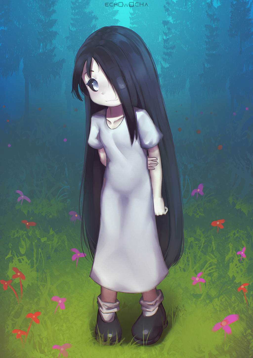 1girl, arm_behind_back, artist_name, black_hair, blush, collarbone, dress, echowocha