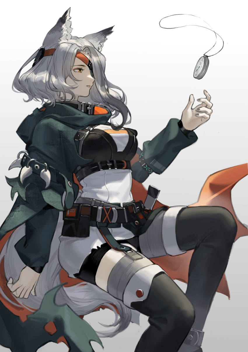 1girl, absurdres, animal_ears, arknights, armlet, belt, black_boots, black_shorts, boots, breasts, brown_eyes, collar, cropped_jacket, eyepatch, five-fall, gradient_background, green_jacket, grey_background, grey_hair, grey_thighhighs, highres, hood, hood_down, infection_monitor_(arknights), jacket, jewelry, large_breasts, long_hair, long_sleeves, nail_polish, open_clothes, open_jacket, parted_lips, pocket_watch, quartz_(arknights), shirt, shorts, solo, tail, thigh_boots, thighhighs, thighhighs_under_boots, underbust, watch, white_background, white_shirt, wolf_ears, wolf_girl, wolf_tail