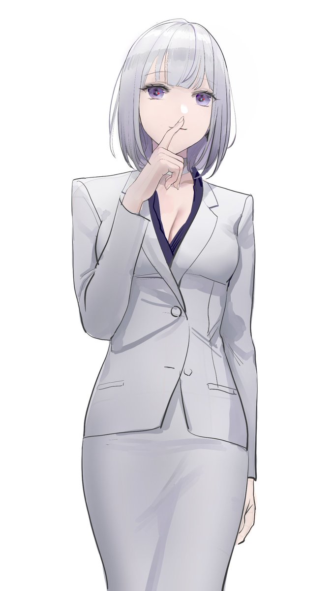 1girl, arm_behind_back, bandaged_neck, bandages, breasts, business_suit, chilli_646, cleavage