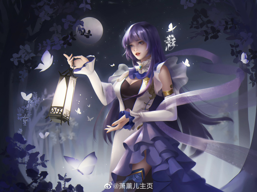 1girl, absurdres, blue_hair, bug, butterfly, collar, detached_sleeves, dog, doupo_cangqiong, frilled_collar, frills, fu_guang_qingqing, gu_xun_er_(doupo_cangqiong), highres, holding, holding_lantern, insect, lantern, long_hair, moon, night, outdoors, parted_lips, second-party_source, solo, teeth, thighhighs, tree