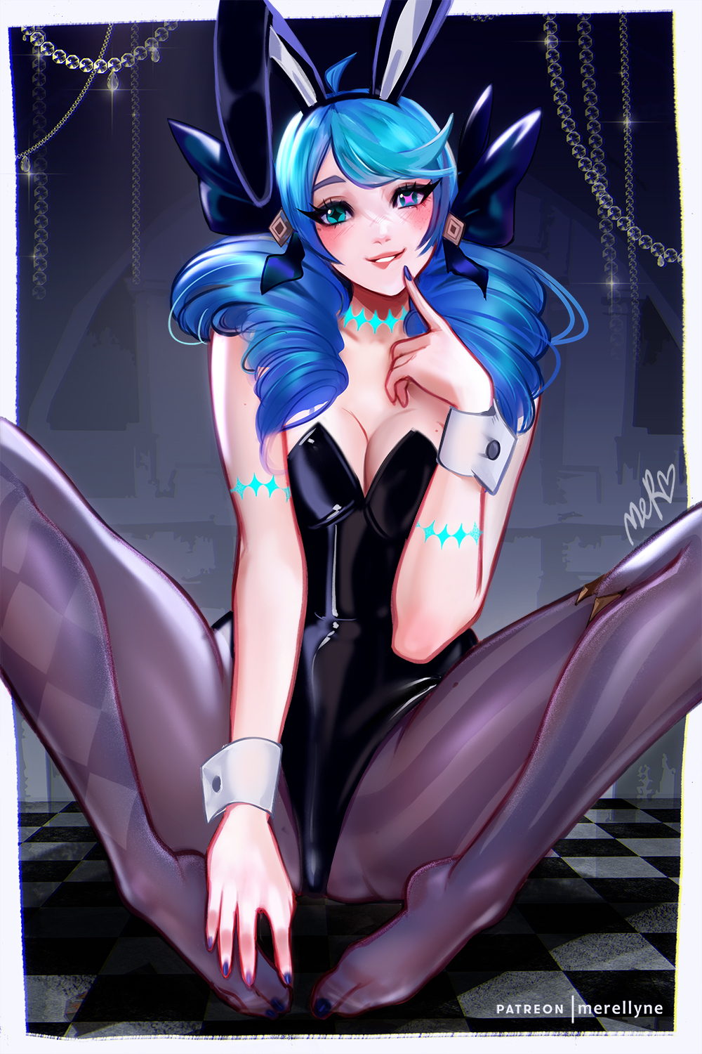 1girl, alternate_costume, animal_ears, artist_name, bare_shoulders, black_bow, black_leotard, blue_hair