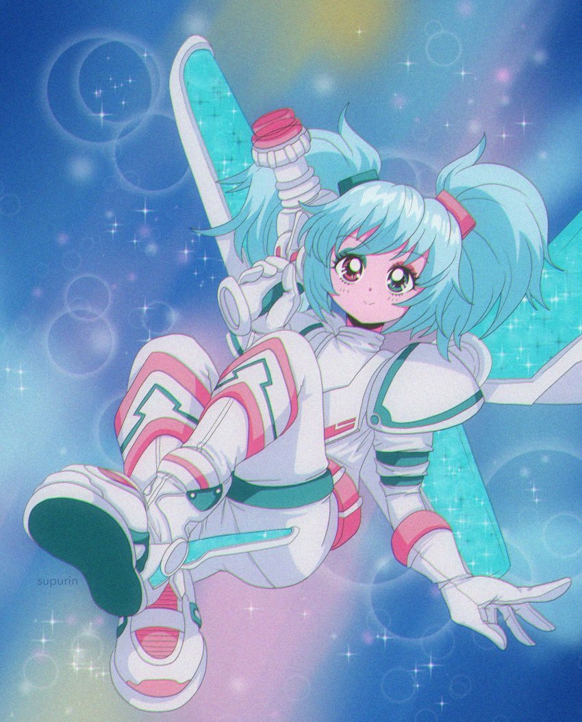 1girl, armor, artist_name, blue_background, blue_eyes, blue_hair, bodysuit, closed_mouth, energy_gun, film_grain, full_body, general_sweet_mayhem, gloves, heterochromia, highres, holding, holding_weapon, mechanical_wings, medium_hair, ray_gun, red_eyes, shoulder_armor, smile, solo, star_(sky), supurin, the_lego_group, the_lego_movie, the_lego_movie_2:_the_second_part, twintails, weapon, white_bodysuit, white_footwear, white_gloves, wings