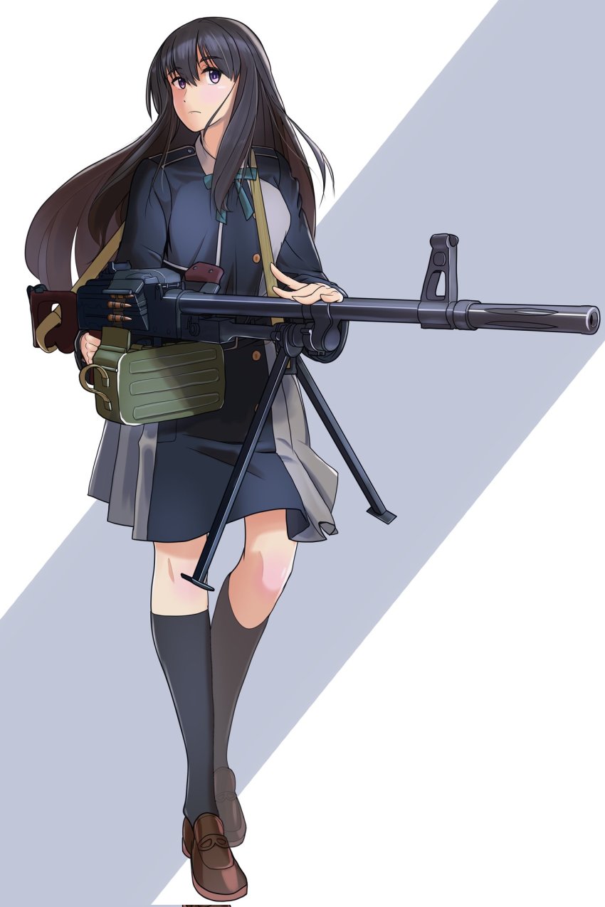 1girl, black_hair, black_socks, blush, brown_shoes, closed_mouth, commentary, dress, english_commentary, full_body, gun, hassan_(diaoyagld), highres, holding, holding_gun, holding_weapon, inoue_takina, long_hair, long_sleeves, looking_at_viewer, lycoris_recoil, lycoris_uniform, machine_gun, pkm, purple_eyes, school_uniform, shoes, simple_background, socks, solo, standing, two-tone_dress, weapon