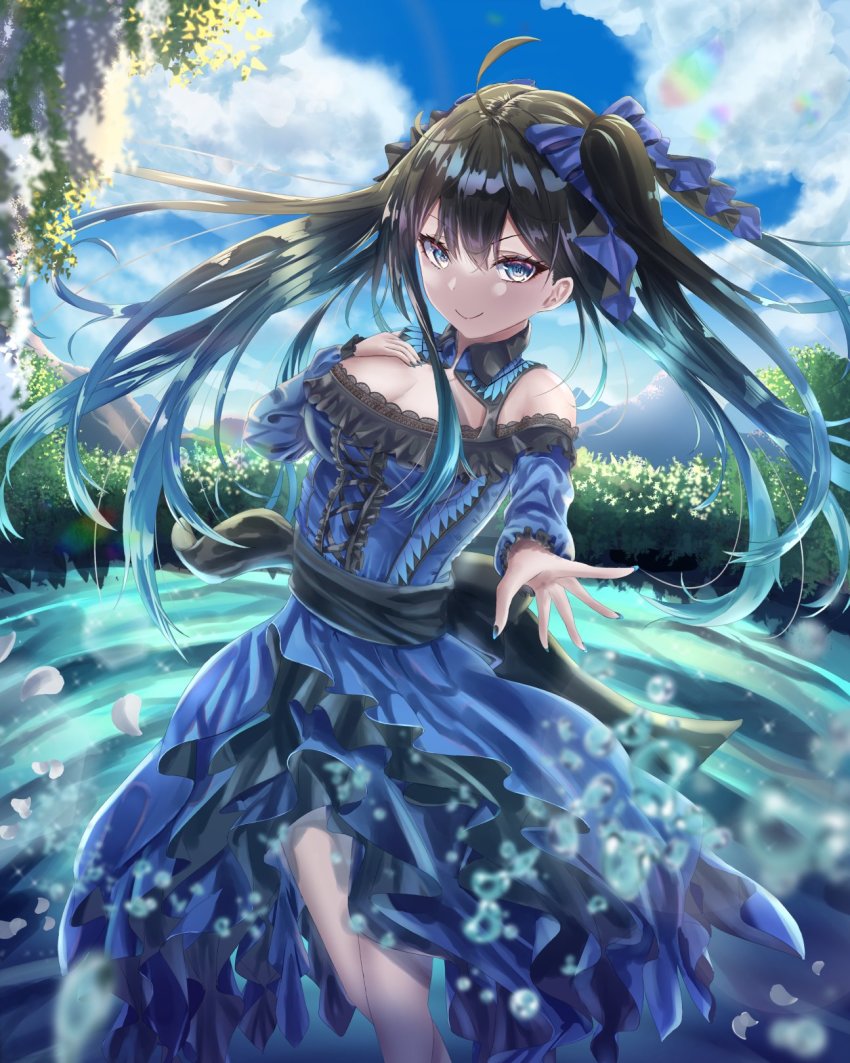 1girl, bare_legs, black_hair, blue_dress, blue_eyes, blue_nails, blue_ribbon, blue_sky