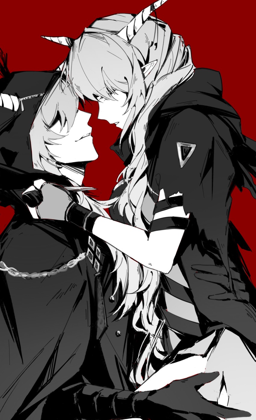 1boy, 1girl, absurdres, arknights, brother_and_sister, cloak, confessarius_(arknights), dress, from_side, girl_on_top, gloves, greyscale_with_colored_background, hair_over_eyes, highres, hood, hood_up, hooded_cloak, horns, horns_through_hood, long_hair, onlly, parted_lips, pointy_ears, profile, red_background, shining_(arknights), short_sleeves, siblings, simple_background, smile, torn_clothes