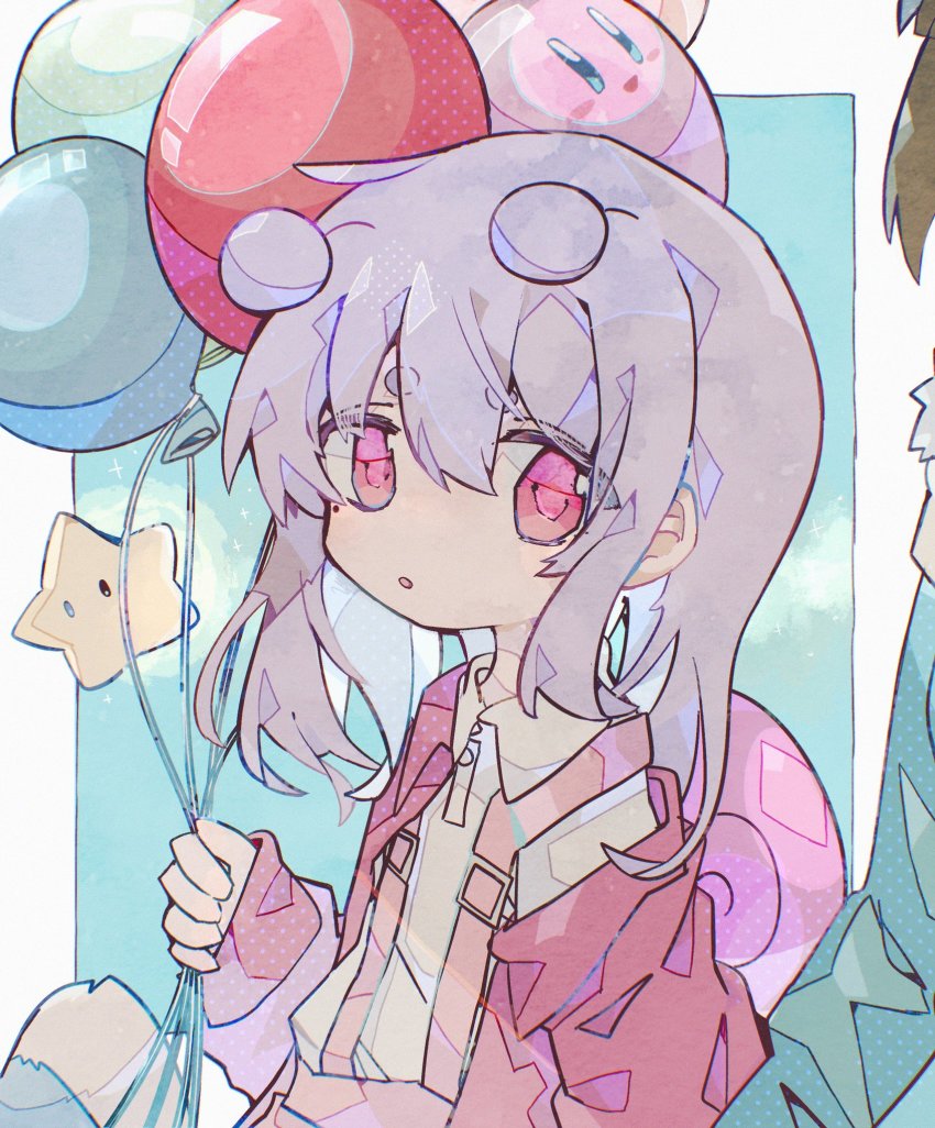 1girl, 1other, :o, antennae, aqua_jacket, backpack, bag, balloon, character_balloon, collared_shirt, hair_between_eyes, highres, holding, holding_balloon, jacket, kirby, kirby_(series), long_hair, long_sleeves, looking_at_viewer, nintendo, open_clothes, open_jacket, open_mouth, out_of_frame, pink_bag, pink_eyes, pink_jacket, purple_hair, shirt, snailchan, snail's_house, solo, soresaki, star_(symbol), upper_body, white_shirt