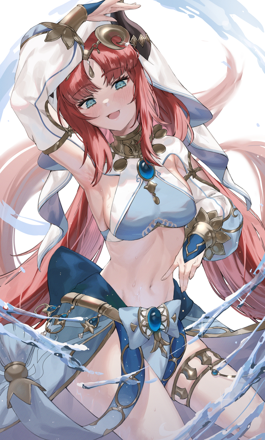 1girl, absurdres, arm_up, blue_eyes, blue_gem, bracer, circlet, crop_top
