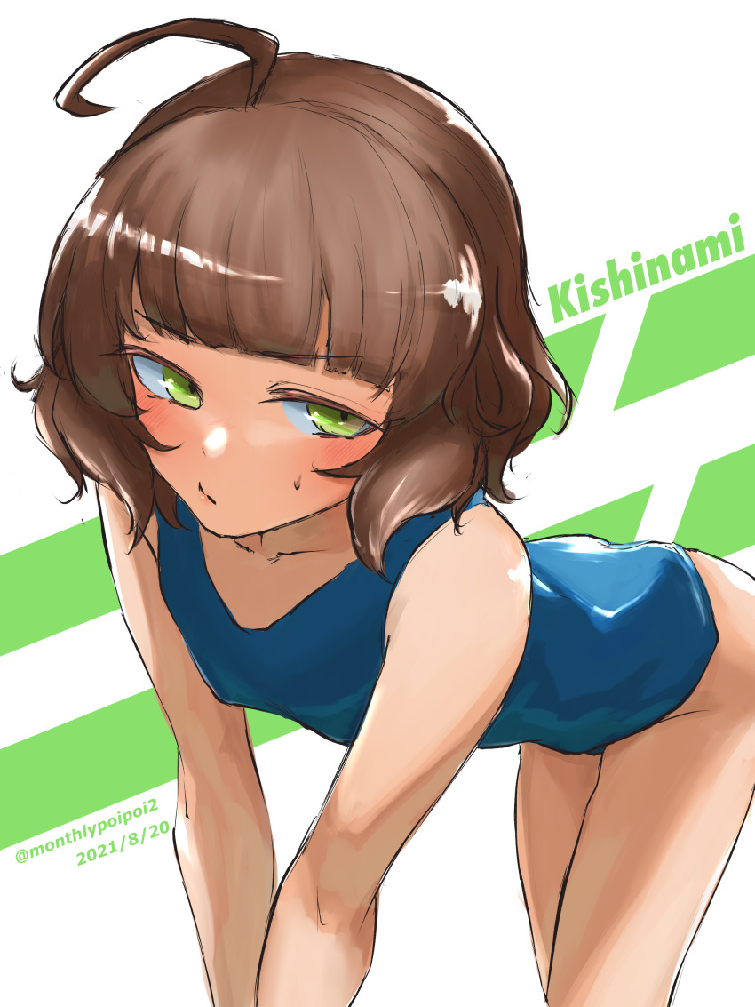 1girl, :/, absurdres, ahoge, bent_over, blue_one-piece_swimsuit, blunt_bangs, blush, breasts, brown_hair, character_name, collarbone, dated, green_eyes, highres, kantai_collection, kishinami_(kancolle), one-piece_swimsuit, school_swimsuit, short_hair, simple_background, small_breasts, solo, sweatdrop, swimsuit, twitter_username, umibudou