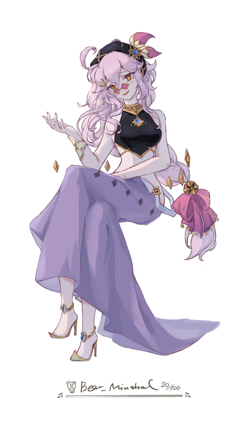 1girl, absurdres, aged_up, artist_name, bear_minstrel, black_shirt, bow, braid, breasts, dori_(genshin_impact), genshin_impact, glasses, hair_bow, harem_pants, head_tilt, high_heels, highres, long_hair, looking_at_viewer, looking_over_eyewear, midriff, nail_polish, pants, pince-nez, pink-tinted_eyewear, pink_bow, pink_hair, pink_nails, shirt, single_braid, sleeveless, sleeveless_shirt, small_breasts, smile, solo, tinted_eyewear, yellow_eyes