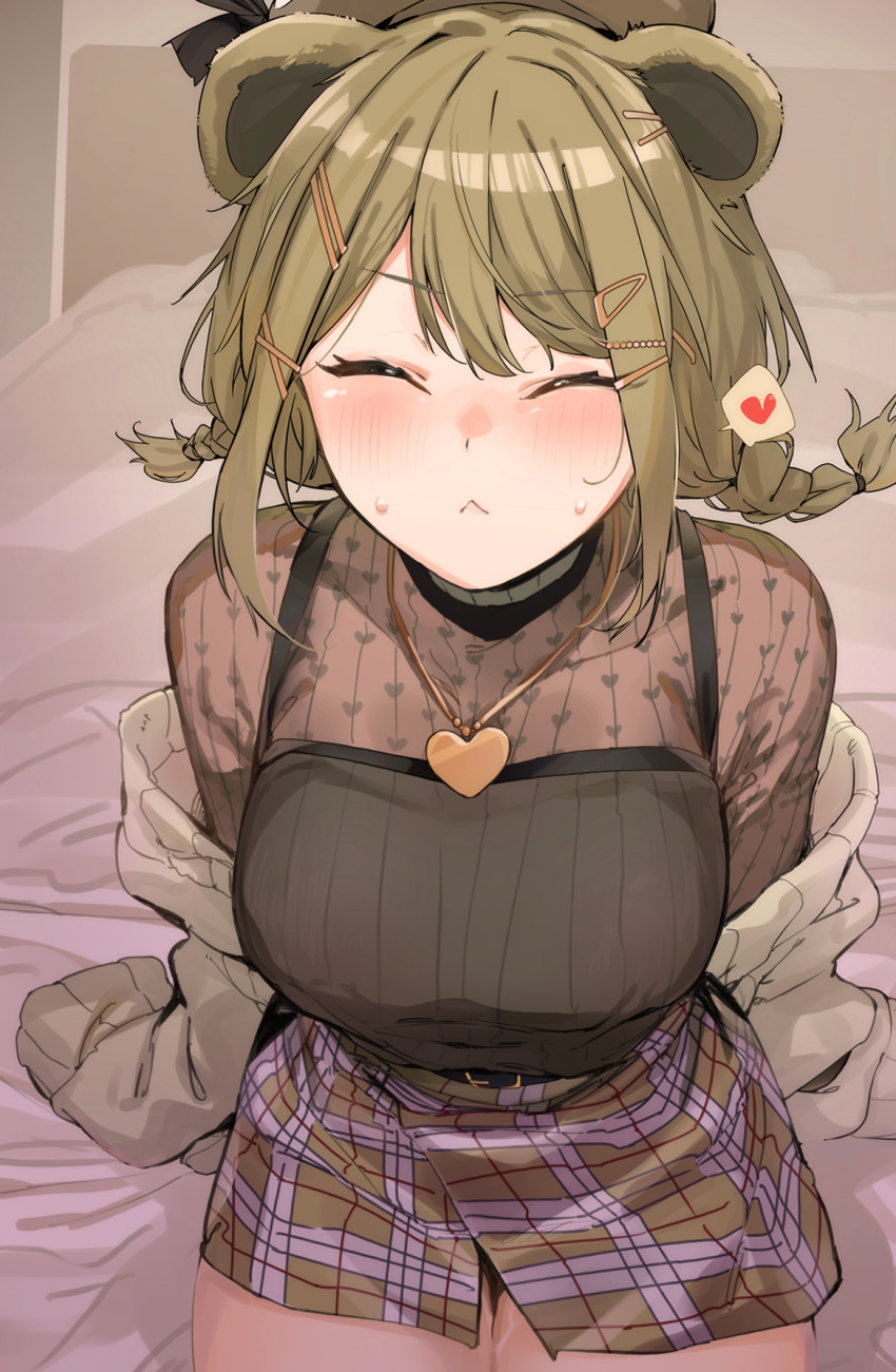 1girl, animal_ears, belt, blush, breasts, brown_hair, camisole, closed_eyes, closed_mouth, commentary_request, commission, hair_ornament, hairclip, hat, highres, incoming_kiss, jacket, jewelry, konan_mia, medium_breasts, nanashi_inc., necklace, off_shoulder, official_alternate_costume, plaid_clothes, plaid_skirt, short_hair, short_twintails, sitting, skeb_commission, skirt, solo, twintails, uno_ryoku, virtual_youtuber