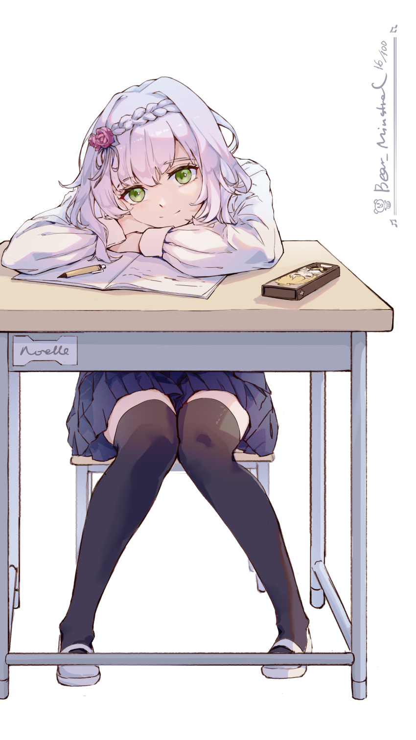 1girl, absurdres, alternate_costume, artist_name, bear_minstrel, black_thighhighs, blue_skirt, book