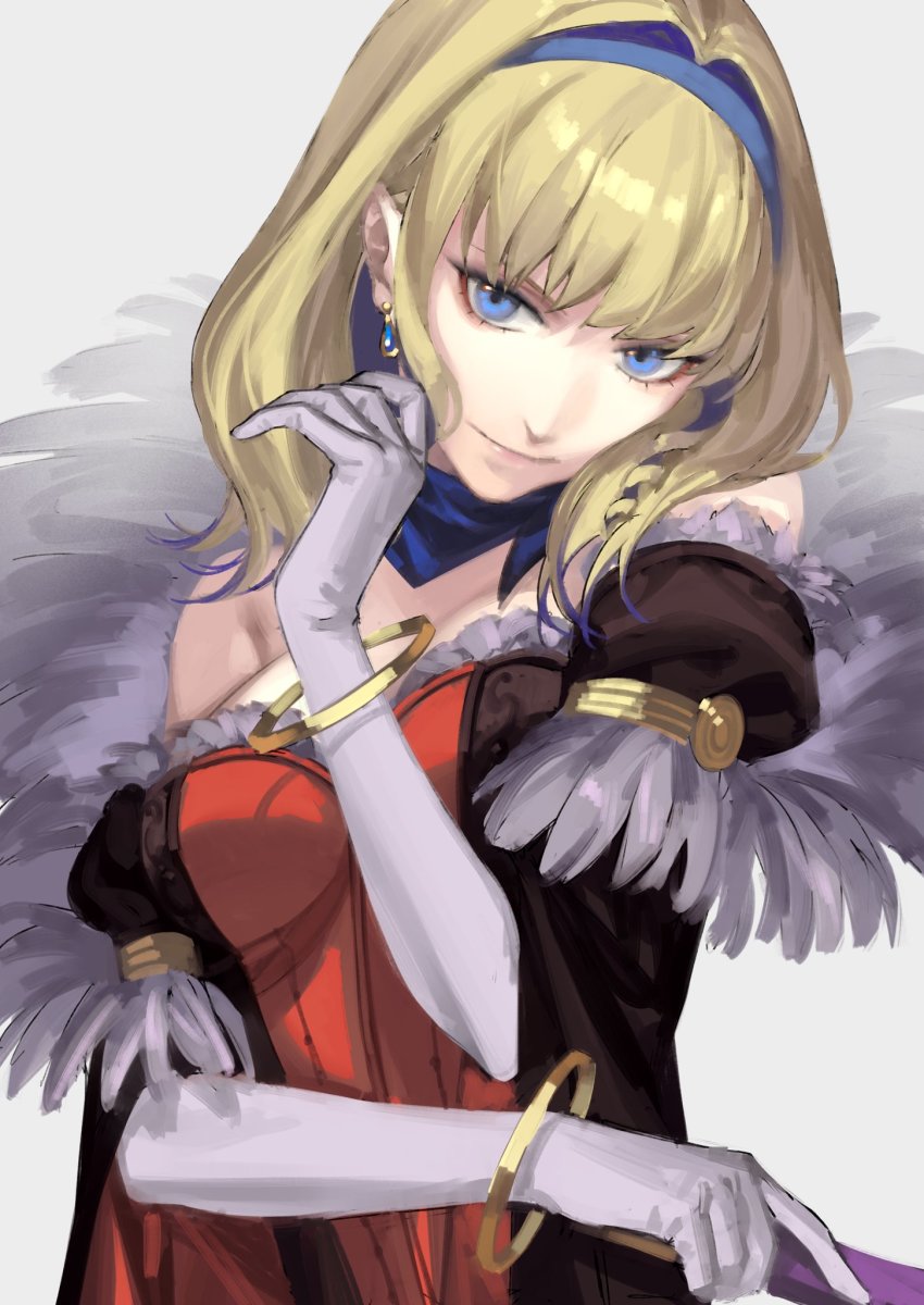 1girl, arm_up, blonde_hair, blue_eyes, blue_hairband, bracelet, breasts, closed_mouth, constance_von_nuvelle, dress, earrings, elbow_gloves, fire_emblem, fire_emblem:_three_houses, fire_emblem_warriors:_three_hopes, gloves, grin, hairband, highres, jewelry, lips, looking_at_viewer, medium_breasts, medium_hair, mik_blamike, multicolored_hair, nintendo, official_alternate_costume, official_alternate_hairstyle, red_dress, smile, solo, streaked_hair, upper_body, white_background, white_gloves, wide_sleeves