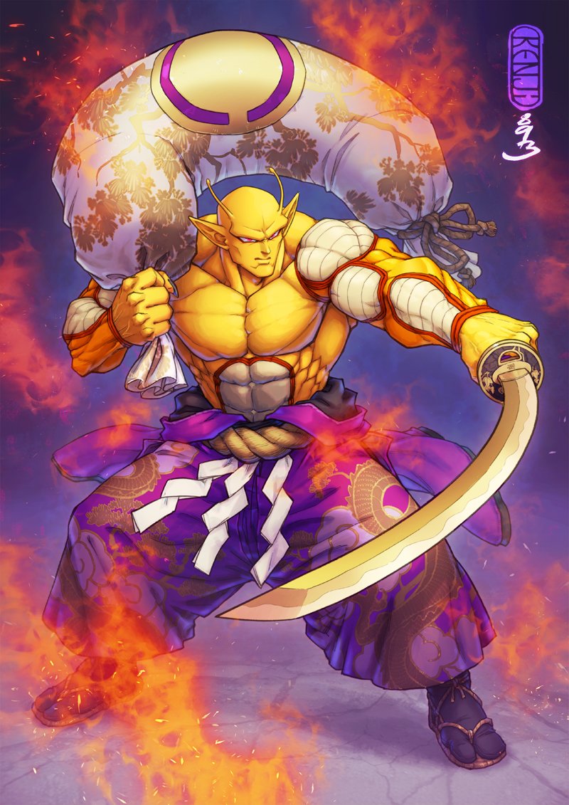 1boy, bag, bald, colored_skin, cutlass, dragon_ball, dragon_ball_super, dragon_ball_super_super_hero, full_body, holding, holding_bag, holding_sword, holding_weapon, kenji893, male_focus, muscular, muscular_male, orange_piccolo, orange_skin, piccolo, pointy_ears, sandals, shirt, solo, stone_floor, sword, tachi_(weapon), topless_male, unworn_shirt, weapon