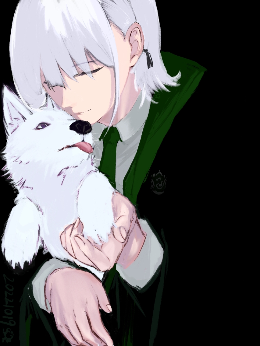 1girl, alternate_costume, animal, bahuangdajiangjun, black_background, black_jacket, closed_eyes, closed_mouth, dog, girls'_frontline, green_necktie, holding, holding_animal, holding_dog, jacket, lips, necktie, rpk-16_(girls'_frontline), shirt, short_hair, solo, upper_body, white_hair, white_shirt, white_wolf, wolf