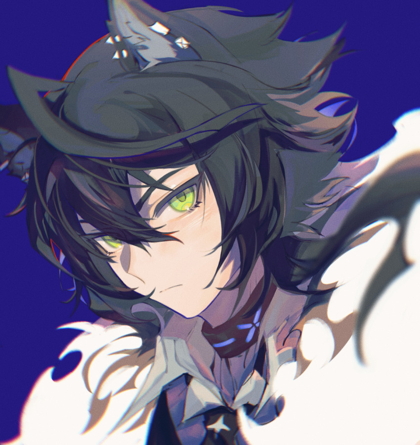 1boy, animal_ears, arknights, black_hair, blue_background, closed_mouth, coat, ear_piercing