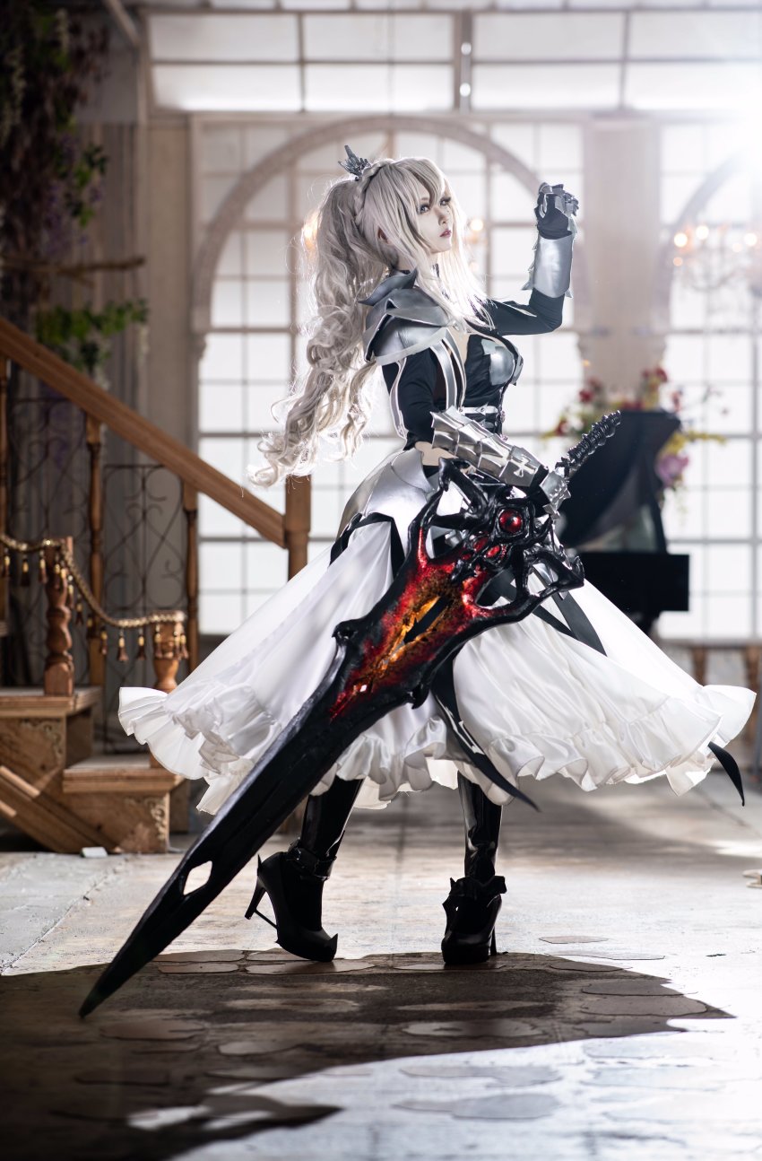 1girl, absurdres, backlighting, black_boots, blonde_hair, blurry, blurry_background, boots