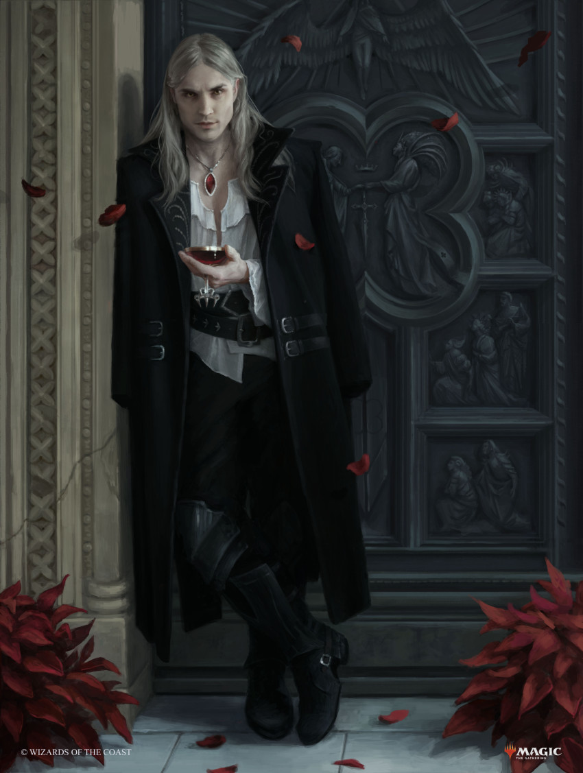 1boy, absurdres, alternate_costume, armor, black_jacket, black_pants, blood, boots, company_name, copyright_name, cup, door, drinking_glass, flower, formal_clothes, highres, innistrad_(plane), jacket, jacket_on_shoulders, long_hair, magic:_the_gathering, male_focus, martina_fackova, official_alternate_costume, official_art, pants, petals, rose, rose_petals, shirt, sorin_markov, vampire, wedding, white_hair, white_shirt, wine_glass, yellow_eyes