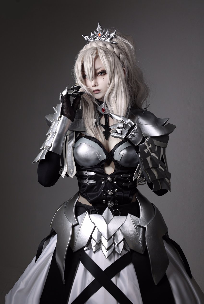1girl, absurdres, armor, blonde_hair, breastplate, breasts, closed_mouth, cosplay
