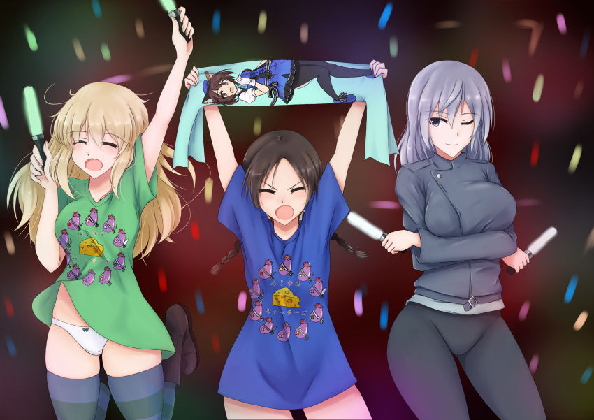 3girls, absurdres, animal_ears, arms_under_breasts, aurora_e._juutilainen, black_pantyhose, blonde_hair, blue_dress