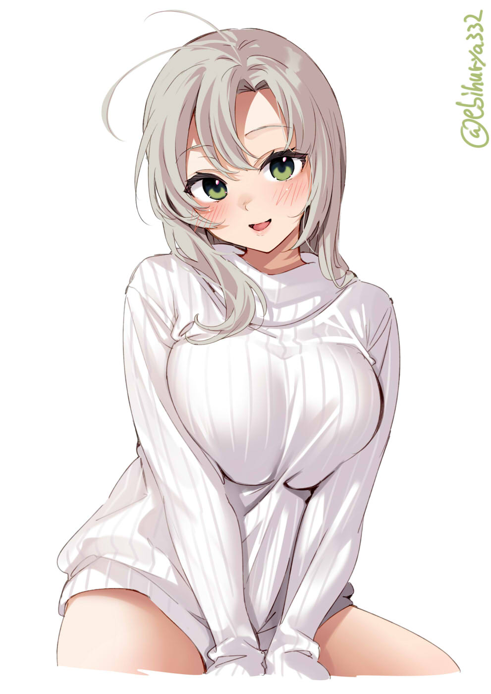 1girl, alternate_costume, antenna_hair, between_legs, blush, breast_press, breasts, cowboy_shot, cropped_legs, ebifurya, green_eyes, grey_hair, hair_between_eyes, hair_tie, highres, kantai_collection, kinugasa_(kancolle), kinugasa_kai_ni_(kancolle), large_breasts, long_sleeves, looking_at_viewer, medium_hair, one-hour_drawing_challenge, open_mouth, ribbed_sweater, simple_background, sitting, sleeves_past_wrists, smile, solo, sweater, twitter_username, white_background, white_sweater