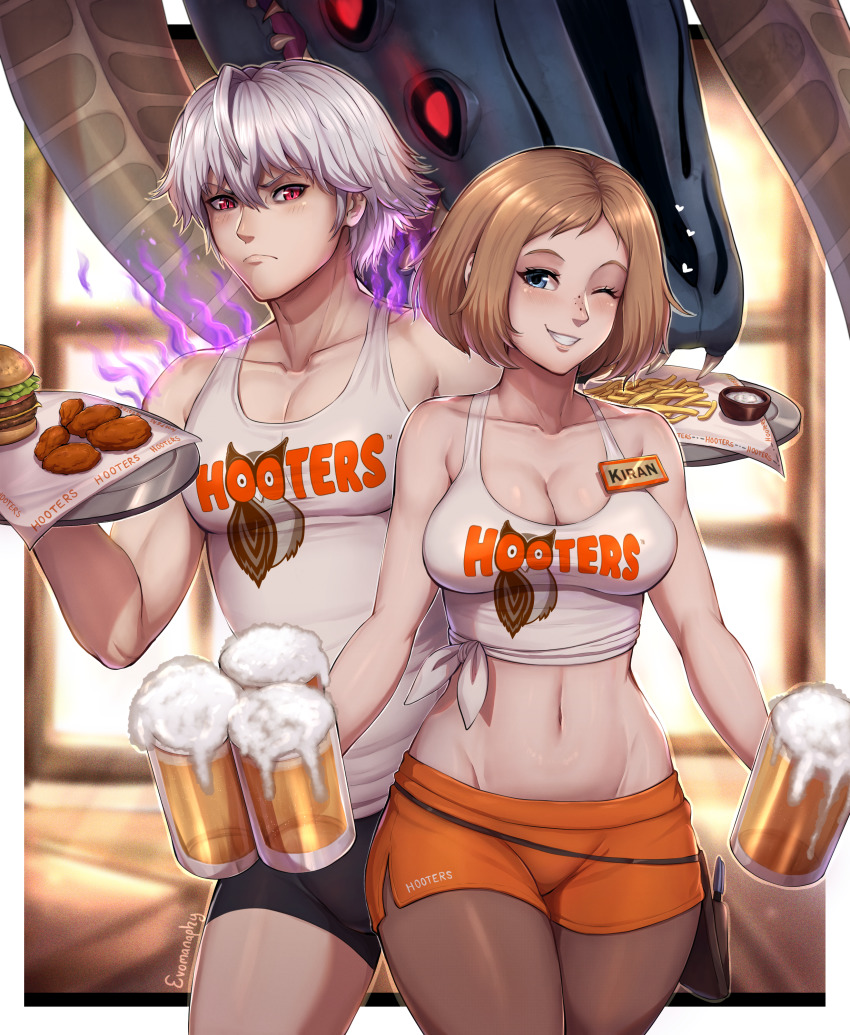 1boy, 1girl, absurdres, annoyed, aura, bad_id, bad_tumblr_id, beer_mug, black_shorts, blue_eyes, blush, breasts, brown_hair, brown_pantyhose, burger, cleavage, closed_mouth, collarbone, crop_top, cup, evomanaphy, female_kiran_(fire_emblem), fire_emblem, food, freckles, grima_(fire_emblem), grin, highres, holding, holding_cup, holding_tray, hooters, kiran_(fire_emblem), large_breasts, large_pectorals, looking_at_viewer, male_robin_(fire_emblem), male_robin_(grima)_(fire_emblem), mug, name_tag, navel, nintendo, one_eye_closed, orange_shorts, pantyhose, pantyhose_under_shorts, parted_lips, pectorals, red_eyes, short_hair, short_shorts, shorts, smile, tank_top, teeth, tray, white_hair