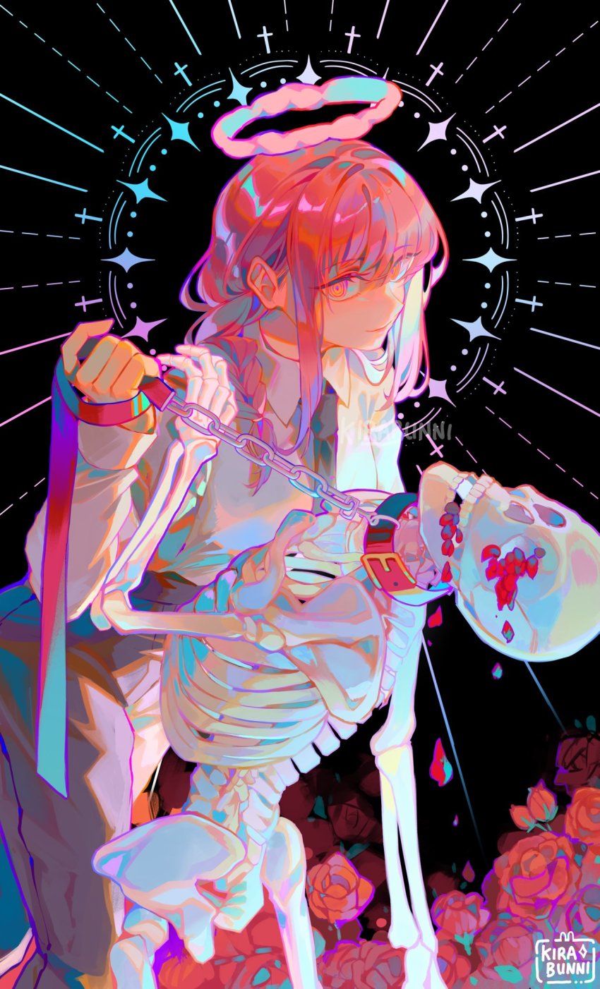 1girl, artist_name, black_background, black_collar, braid, breasts, chain, chain_leash