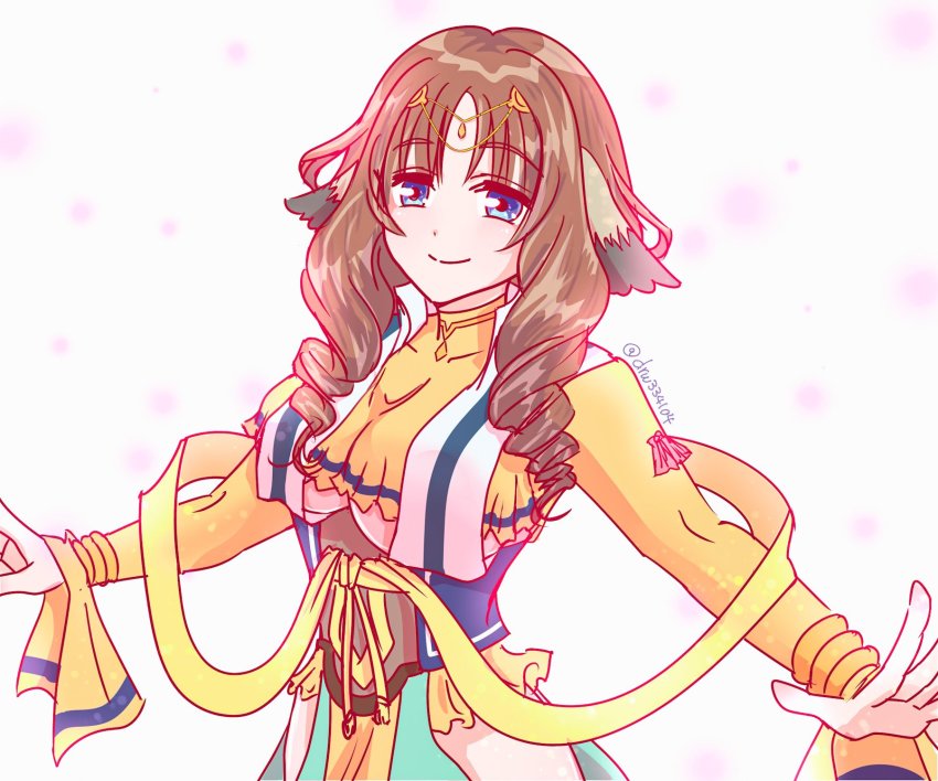 1girl, ainu_clothes, animal_ears, aquaplus, blue_eyes, blush, bracelet, breasts, brown_hair, cleavage, cleavage_cutout, closed_mouth, clothing_cutout, collarbone, covered_collarbone, cowboy_shot, curly_hair, dress, drw334, fumirul, hair_ornament, hair_over_shoulder, highres, hip_vent, jewelry, large_breasts, long_hair, long_sleeves, looking_at_viewer, parted_bangs, raised_eyebrows, short_hair_with_long_locks, sideboob, sidelocks, signature, smile, solo, thighs, underboob, utawarerumono, utawarerumono:_futari_no_hakuoro