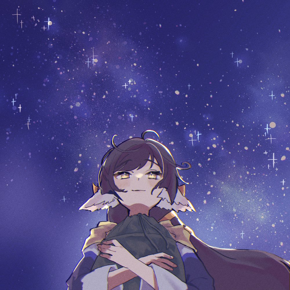 1girl, absurdly_long_hair, ainu_clothes, animal_ears, aquaplus, bag, black_hair, blush, closed_mouth, dress, eingado, fingernails, from_below, gradient_eyes, holding, holding_bag, kuon_(utawarerumono), long_hair, long_sleeves, multicolored_eyes, night, raised_eyebrows, scarf, sidelocks, sky, smug, solo, star_(sky), starry_sky, swept_bangs, upper_body, utawarerumono, utawarerumono:_futari_no_hakuoro, utawarerumono:_itsuwari_no_kamen, very_long_hair, wide_sleeves, yellow_eyes