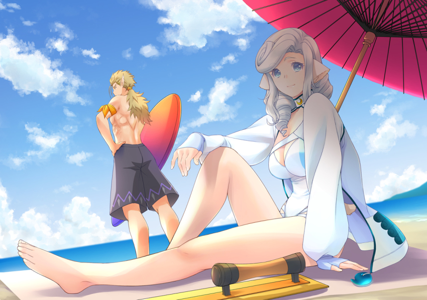 1boy, 1girl, ainu_clothes, animal_ears, aquaplus, bare_legs, barefoot, beach