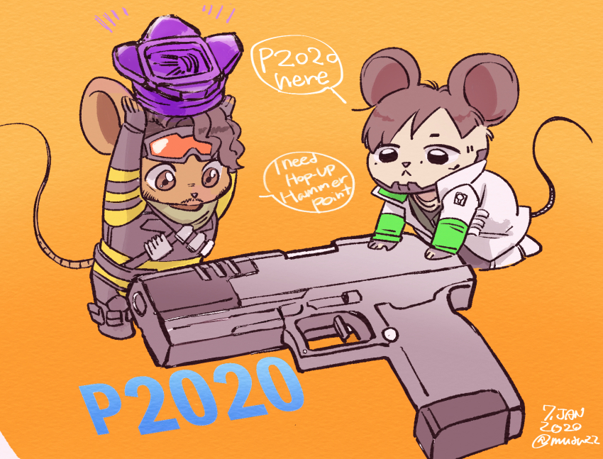 2boys, animal_ears, animification, apex_legends, beard, black_eyes, black_footwear, black_shirt, bodysuit, boots, brown_eyes, brown_hair, commentary, crypto_(apex_legends), dated, english_commentary, english_text, facial_hair, furrification, furry, furry_male, goggles, goggles_on_head, green_scarf, green_vest, gun, handgun, highres, jacket, jewelry, looking_down, male_focus, mini_person, miniboy, mirage_(apex_legends), mouse_boy, mouse_ears, mouse_tail, mudu, multiple_boys, mustache, necklace, p2020_(pistol), scarf, shirt, speech_bubble, tail, twitter_username, vest, weapon, weapon_name, white_footwear, white_jacket, yellow_bodysuit