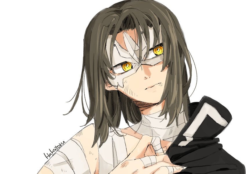 1boy, absurdres, aquaplus, bandaged_arm, bandaged_fingers, bandaged_neck, bandages, brown_hair