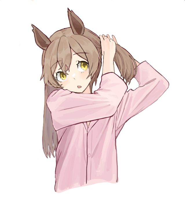 1girl, :o, animal_ears, arms_up, blonde_hair, brown_hair, buttons, horse_ears