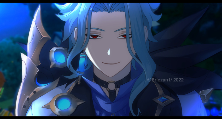 1boy, artist_name, bishounen, blue_hair, dottore_(genshin_impact), earrings, eriezan, genshin_impact, grin, highres, jewelry, male_focus, red_eyes, single_earring, smile, solo, tagme, twitter_username, upper_body