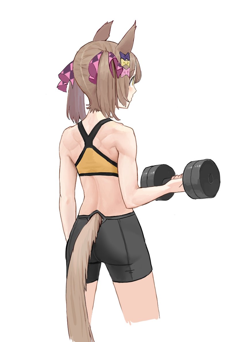 1girl, animal_ears, arm_at_side, ass, bare_shoulders, bike_shorts, bow, brown_hair, clothing_cutout, cropped_legs, dumbbell, from_behind, hair_bow, hand_up, horse_ears, horse_girl, horse_tail, kogomiza, light_blush, looking_afar, medium_hair, simple_background, smart_falcon_(umamusume), solo, sports_bra, tail, tail_through_clothes, toned, twintails, umamusume, white_background, yellow_eyes