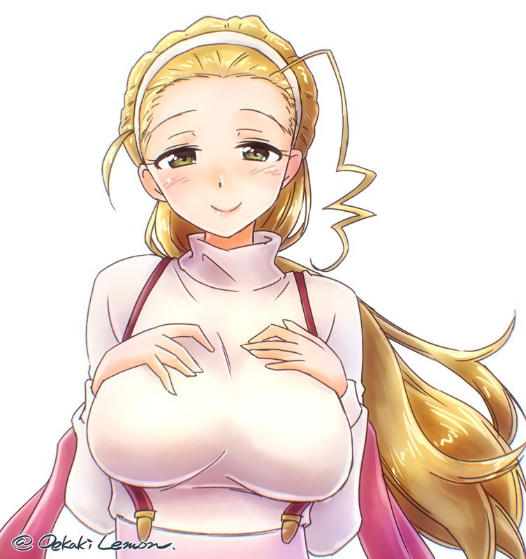 1girl, artist_name, blonde_hair, blush, breasts, girls_und_panzer, hair_pulled_back, hairband