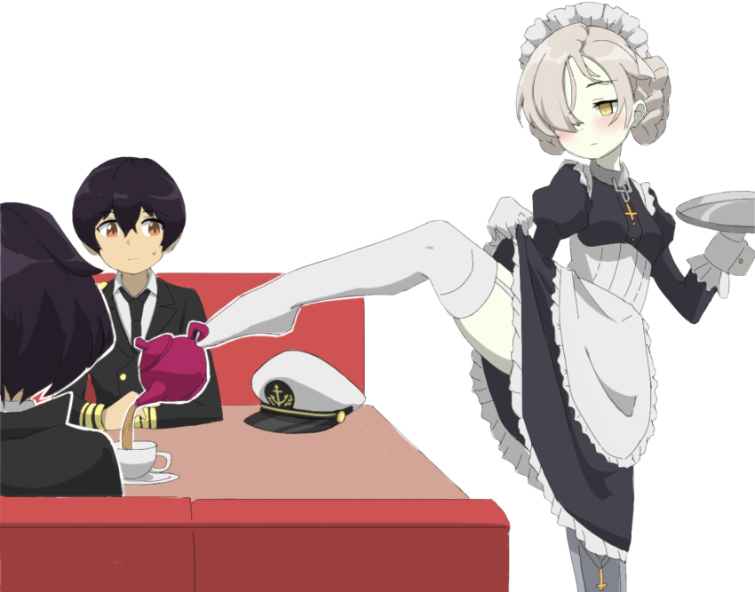 azur_lane, between_toes, blonde_hair, blush, braid, breasts, character_request, clothes_lift