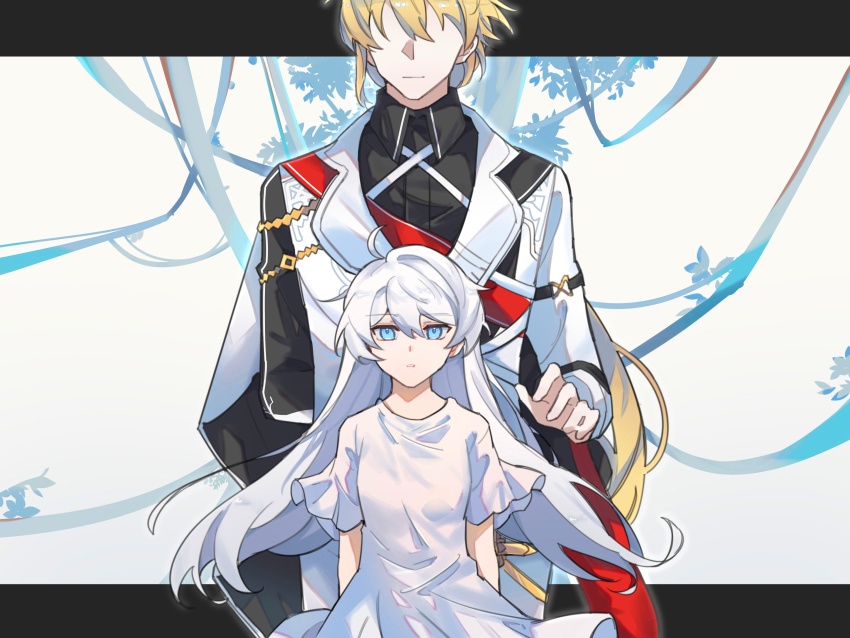 1boy, 1girl, absurdres, ahoge, blonde_hair, closed_mouth, coat, dress