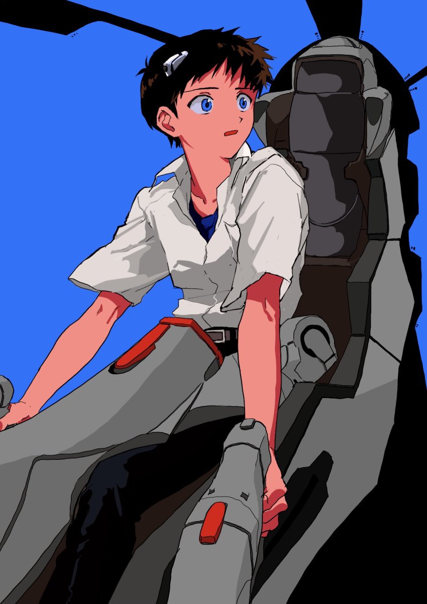 1boy, a12740807, belt, blue_background, blue_eyes, blue_shirt, blue_theme, brown_belt, highres, ikari_shinji, mecha_pilot, neon_genesis_evangelion, school_uniform, shadow, shirt, short_hair, solo, tokyo-3_middle_school_uniform, white_shirt