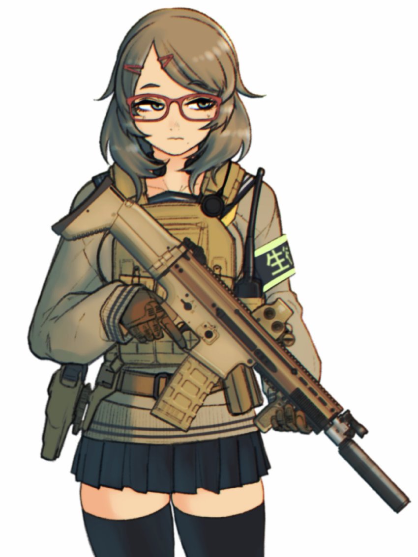 1girl, assault_rifle, black_skirt, black_thighhighs, brown_eyes, brown_gloves, brown_hair, brown_jacket