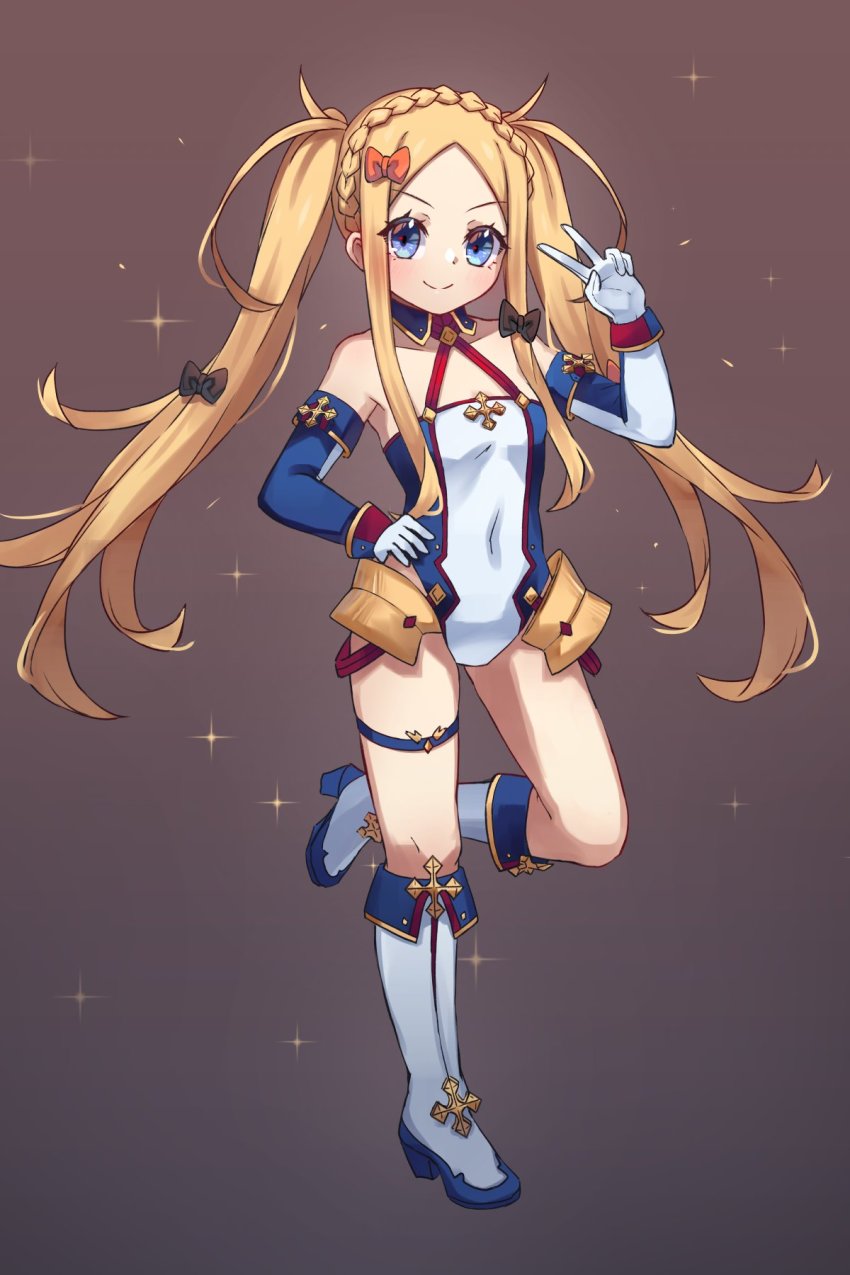 1girl, abigail_williams_(fate), armor, bare_shoulders, black_bow, blonde_hair, blue_eyes, blue_gloves, blue_leotard, blush, boots, bow, bradamante_(fate), bradamante_(fate)_(cosplay), braid, breasts, cosplay, crown_braid, elbow_gloves, fate/grand_order, fate_(series), faulds, forehead, full_body, gloves, hair_bow, highleg, highleg_leotard, highres, knee_boots, leotard, long_hair, looking_at_viewer, miya_(miyaruta), multicolored_leotard, multiple_bows, orange_bow, parted_bangs, sidelocks, small_breasts, smile, solo, thigh_strap, two-tone_gloves, two-tone_leotard, v, white_boots, white_gloves, white_leotard