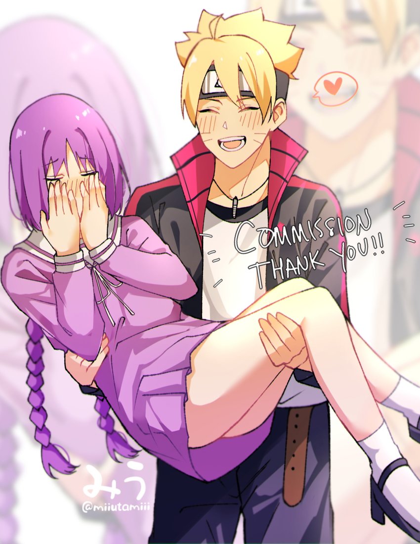 1boy, 1girl, ass, bad_id, bad_twitter_id, bare_legs, belt, black_jacket, blonde_hair, blush, boruto:_naruto_next_generations, carrying, carrying_person, closed_eyes, collar, couple, dress, embarrassed, full-face_blush, hands_on_own_face, highres, jacket, kakei_sumire, light_blush, miiutamiii_(artist), naruto_(series), no_panties, open_clothes, open_jacket, open_mouth, princess_carry, purple_hair, sailor_collar, sailor_dress, short_dress, teeth, uzumaki_boruto