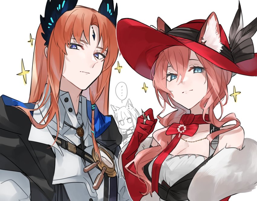 ..., 1boy, 2girls, animal_ears, arknights, blue_eyes, breasts, cat_ears